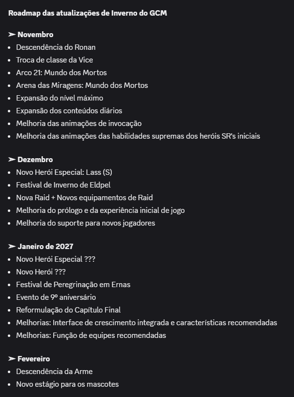 Roadmap de inverno: Conteúdos do final de 2026 à Fevereiro de 2027!
